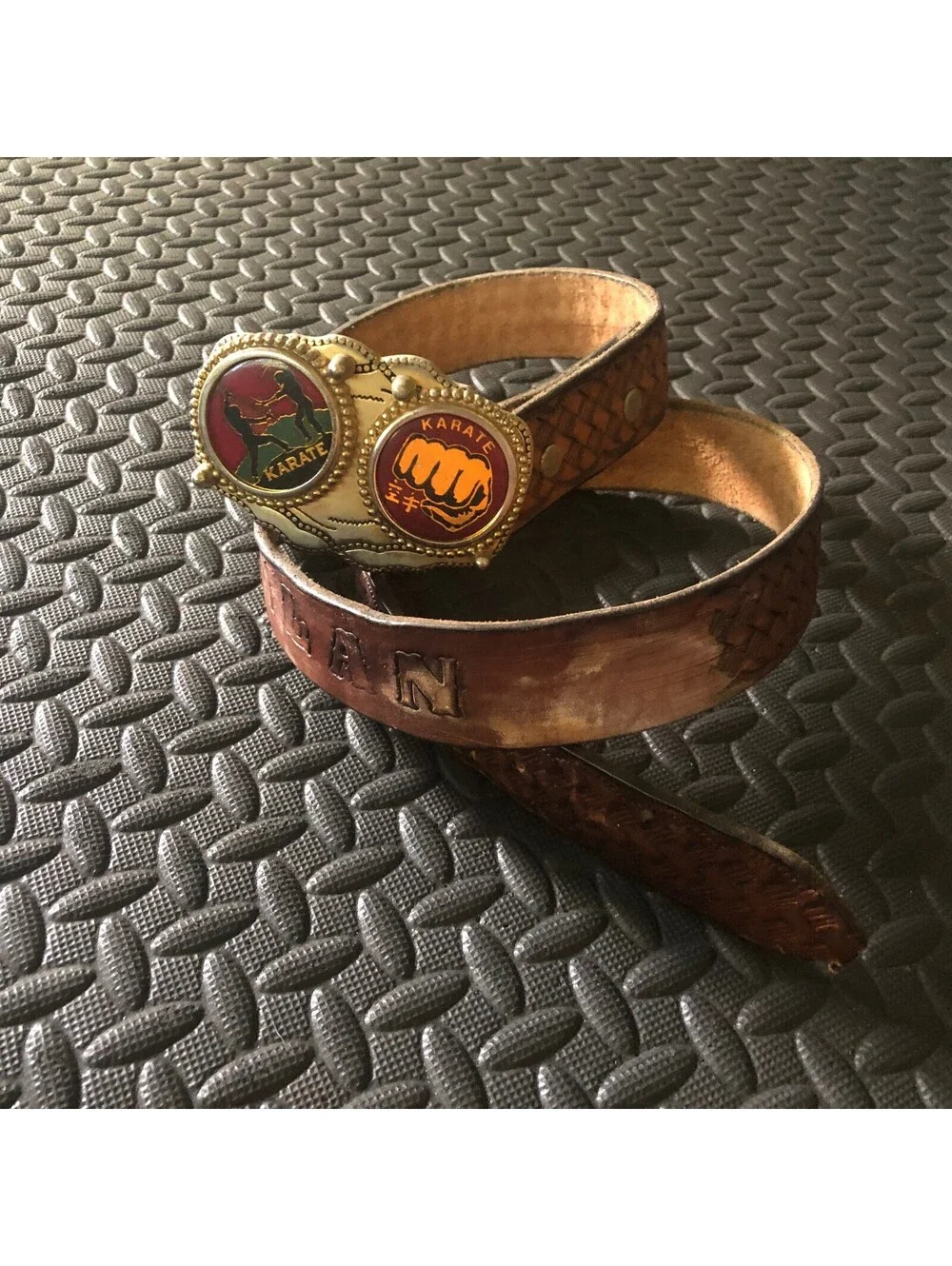 Vintage Leather Karate Belt with Decorative Brass Buckle